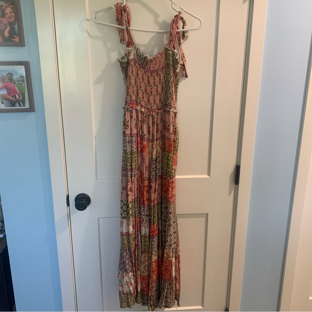 Bohemian Patchwork Maxi Dress in Pink and Green